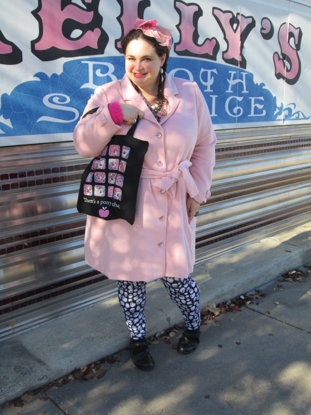 plus size outfit with skull leggings and light pink modcloth coat