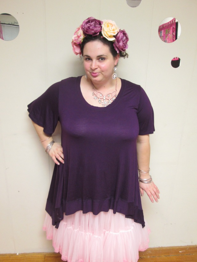 plus size outfit purple top and pink petticoat with flower crown