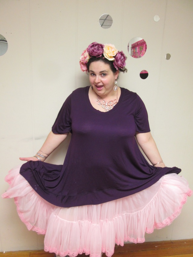 plus size outfit with eggplant asymmetric tunic and pink petticoat and floral crown