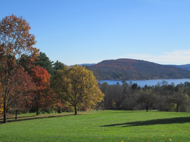 view from hill overlooking lake and mountain