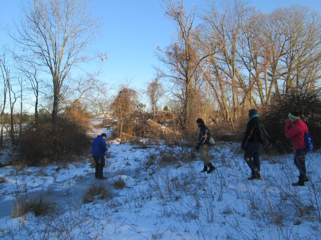 grpup of four people walking in a snowy field and crossing a small, frozen stream
