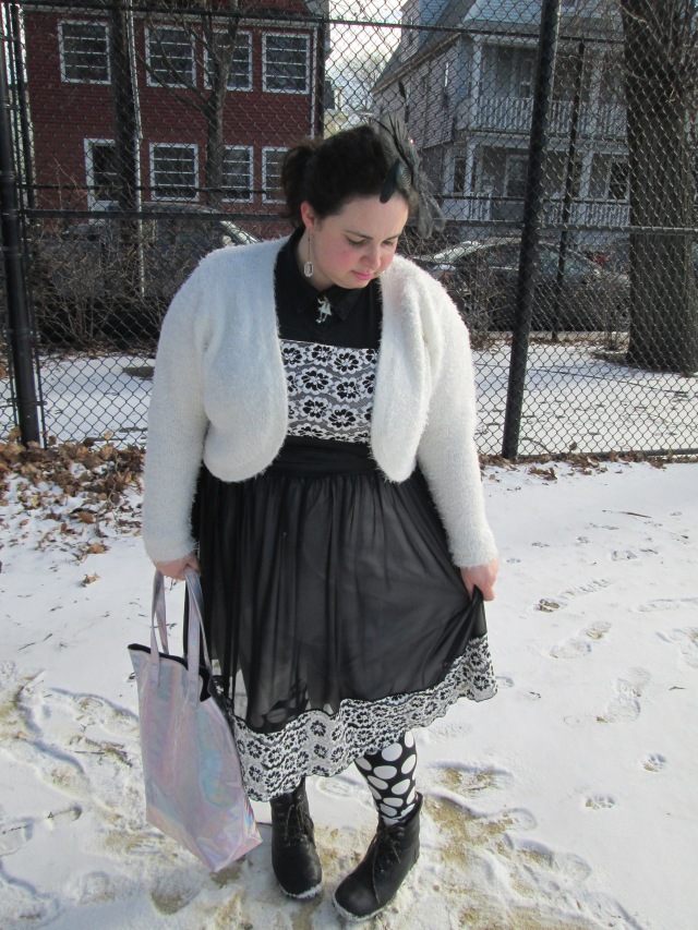 plus size outfit black and white mesh dress, black top, polka dot leggings, fuzzy bolero