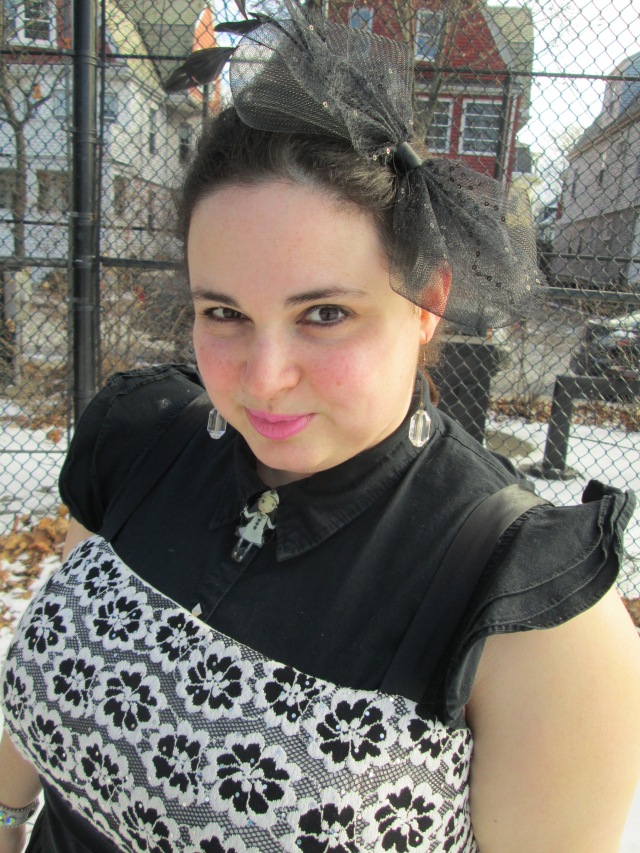 plus size outfit black button down top with black and white dress, black hair bow