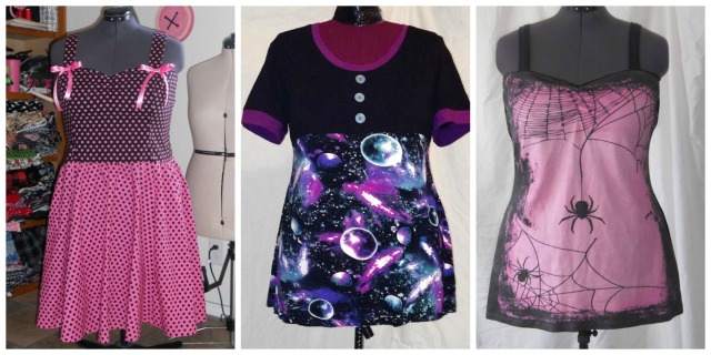 collage of three pink and purple punky clothing items