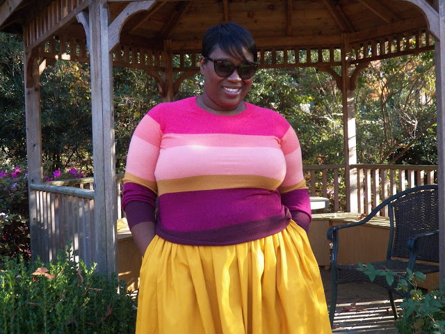 plus size outfit pink, gold, purple striped top and yellow skirt