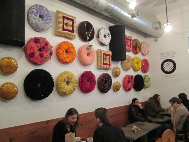 donut store with fabric donuts on the wall