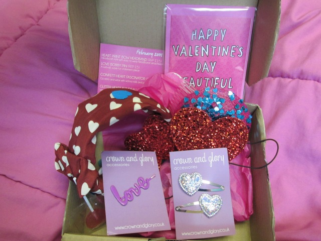 box of valentine's day themed hair accessories