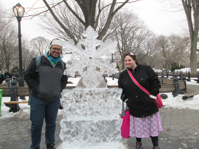 me and steve with an ice sculpture shaped like a snowflake