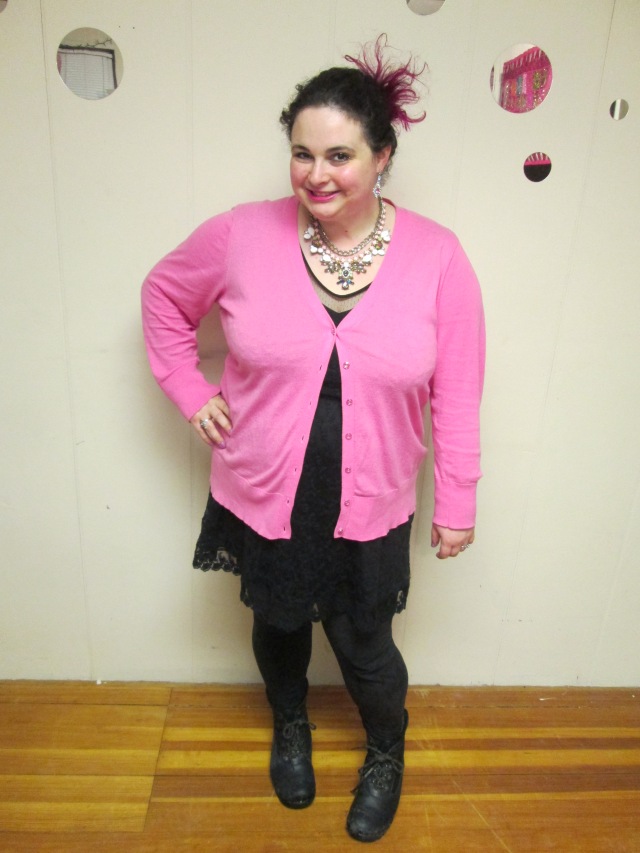 plus size outfit pink cardigan and black dress