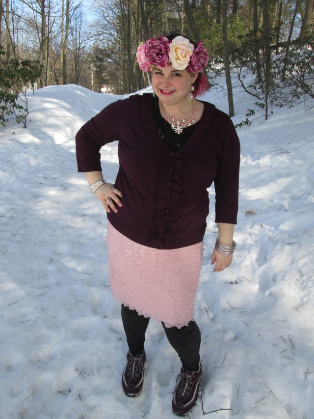 plus size outfit purple cardigan, light pink skirt, and flower crown