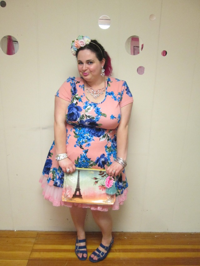 plus size outfit pink and blue floral dress with petticoat and flower headband