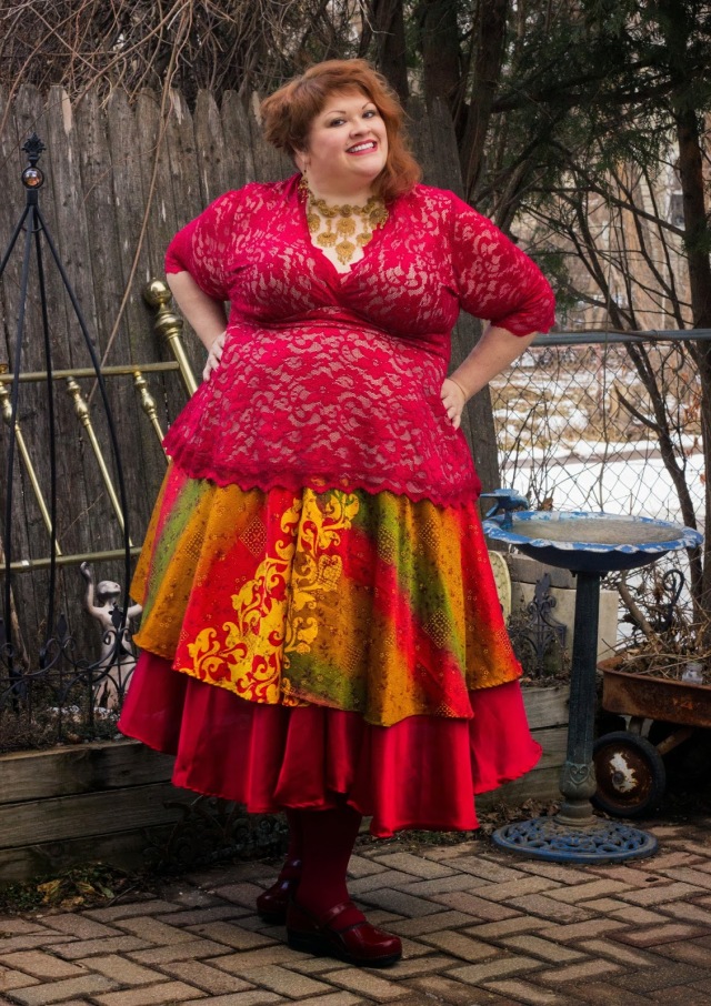 plus size outfit red lace top and red and yellow indian print wrap skirt