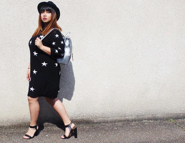 plus size outfit black dress with white stars and silver backpack