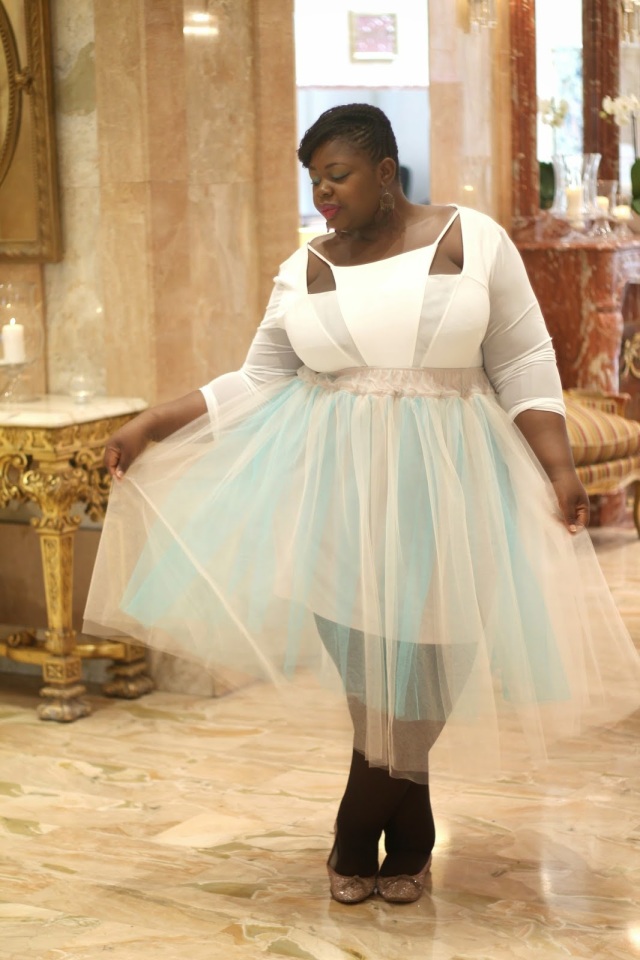 plus size outfit white bodysuit and pale blue tutu skirt