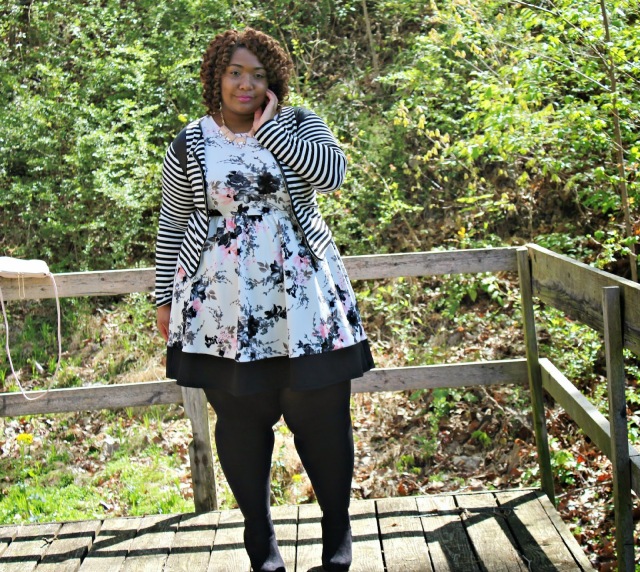 plus size outfit white dress with pink and black floral print and striped sweater