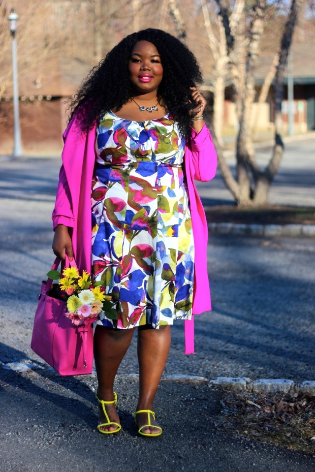 plus size outfit multicolored watercolor floral dress and hot pink coat