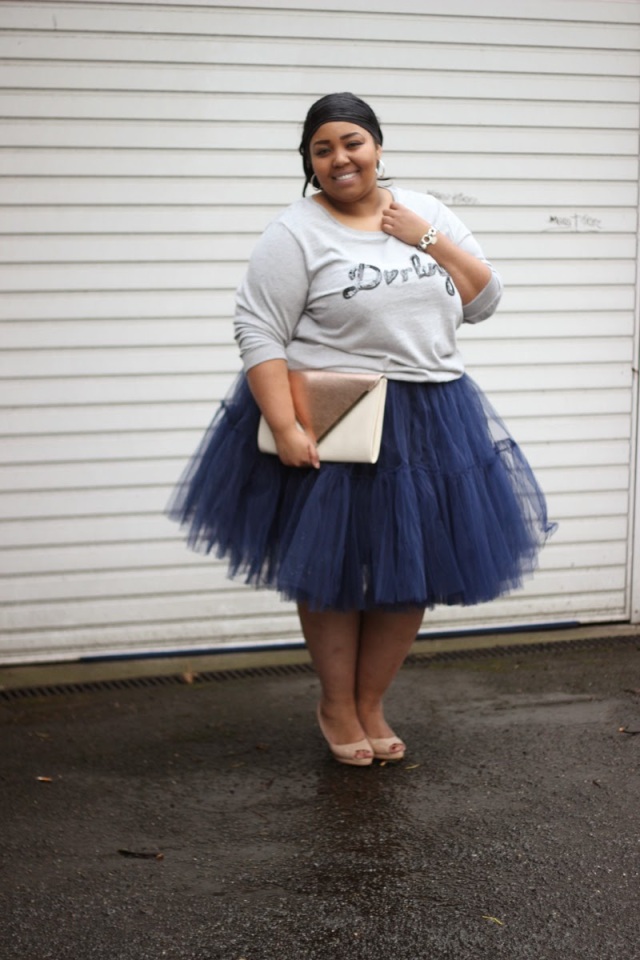 plus size outfit gray sweater and royal blue tutu tulle skirt
