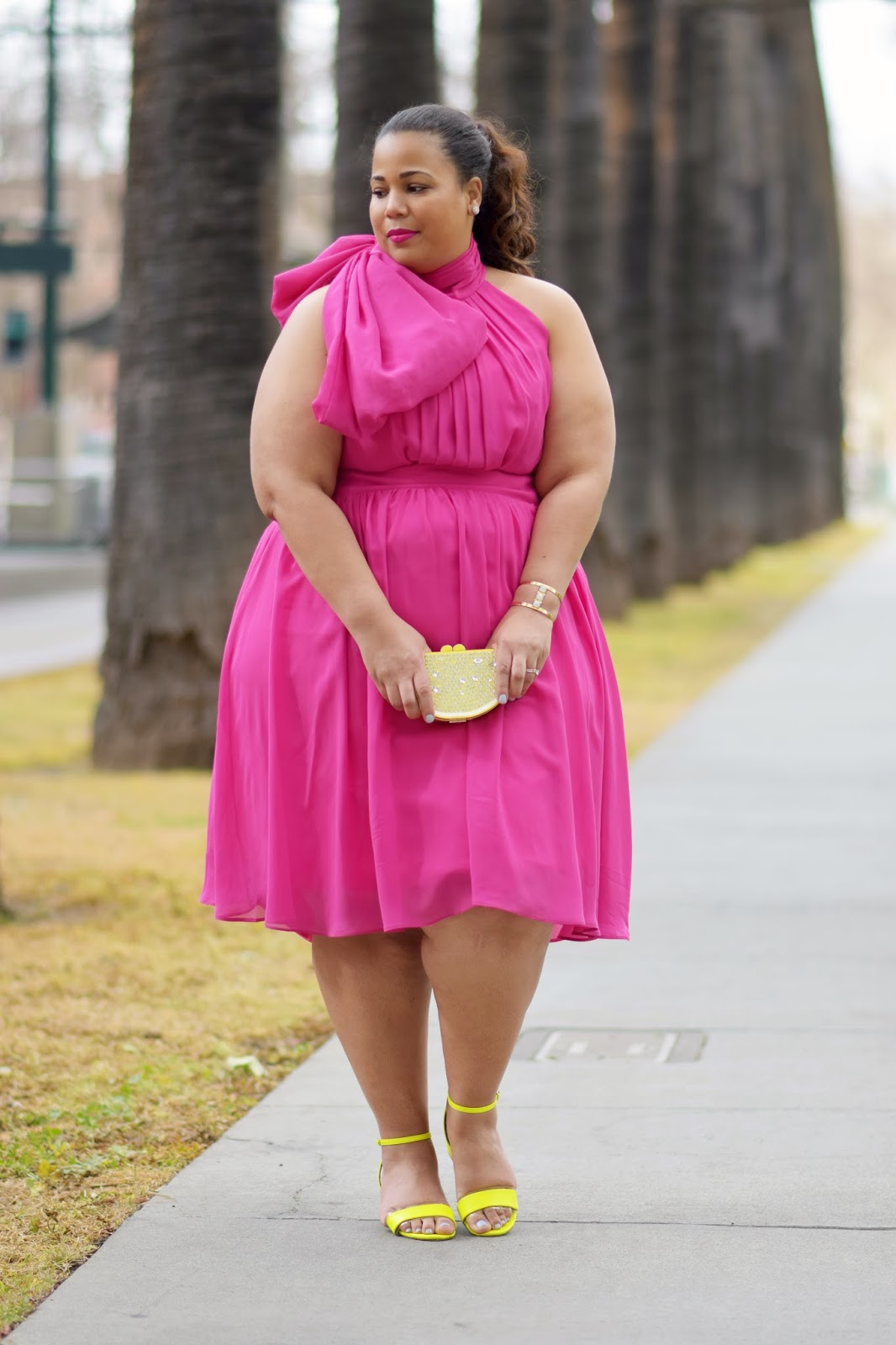 pink dress with yellow shoes