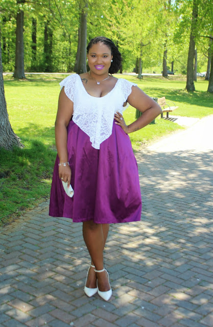 plus size outfit white lace top and purple satin skirt