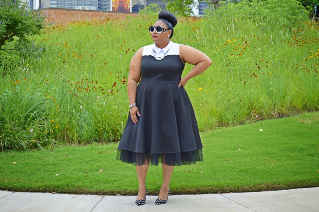 plus size outfit black dress with tulle underskirt and white collar