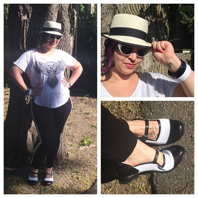 plus size black and white outfit tuxedo pants, owl t-shirt, and fedora